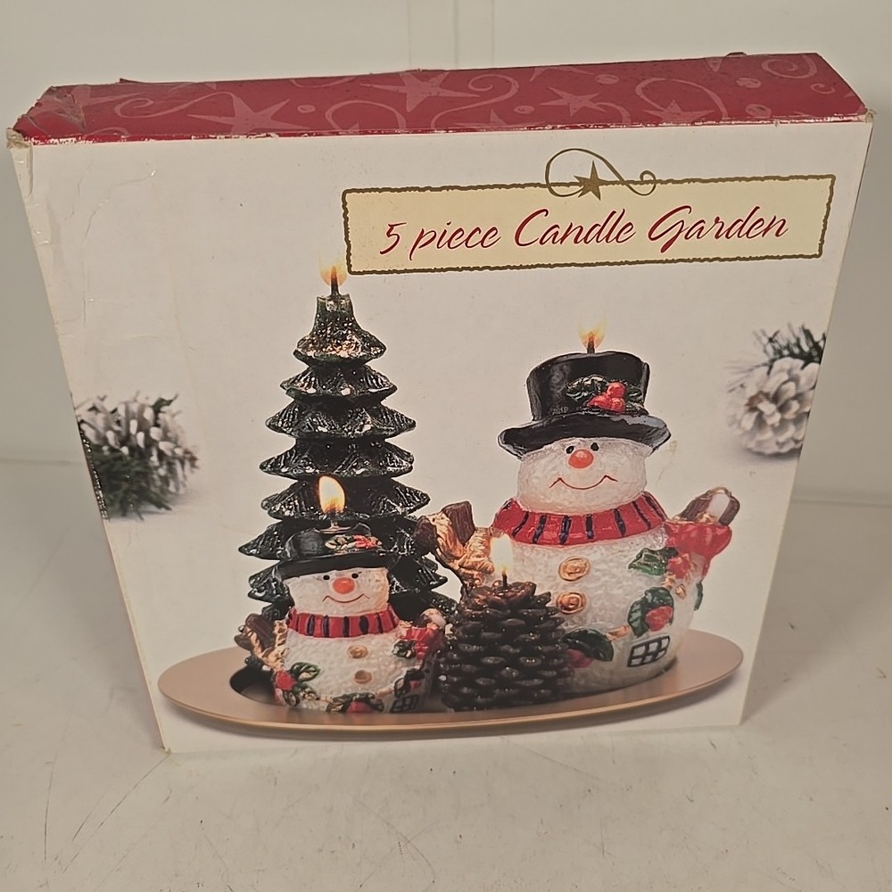 Vintage Christmas Candles 5 Piece Candle Garden With 8" Round Tray Snowmen Tree